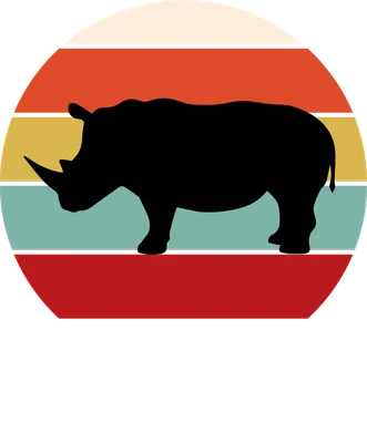 Hình ảnh tê giác đen silhouette trên nền sọc màu retro, kèm chữ "RHINO IS MY SPIRIT ANIMAL"