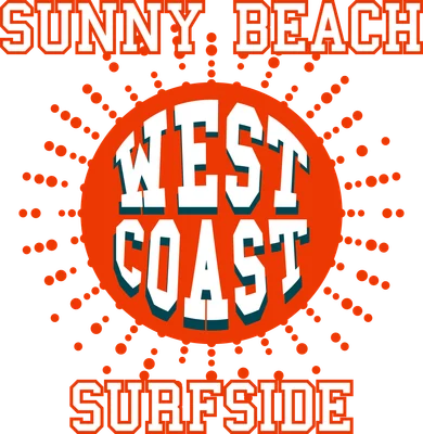 Thiết kế chữ 'Sunny Beach West Coast Surfside' với hiệu ứng retro, nền xám, hình tròn cam với các chấm nhỏ xung quanh.