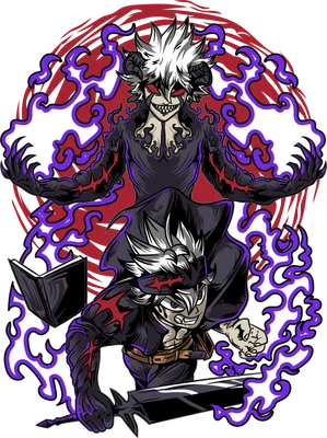 Hình ảnh Asta từ Black Clover trong hai dạng: một dạng nguy hiểm với sừng và mắt đỏ, dạng còn lại chiến đấu với thanh kiếm và sách phép thuật.