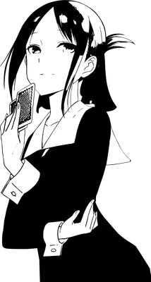 Hình vẽ cô gái anime tóc đen hai màu, mặc váy đen, cầm hai lá bài, biểu cảm tinh nghịch.