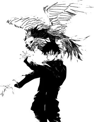 Hình vẽ anime đen trắng một chàng trai mặc vest đen với một con quạ có đầu lâu trên vai.