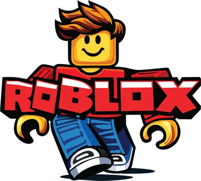 Hình ảnh nhân vật Roblox với logo game màu đỏ, xanh dương, vàng, đen trên nền xám.