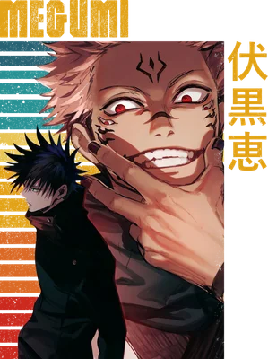 Hình ảnh anime hai nhân vật Sukuna và Fushiguro từ Jujutsu Kaisen, với Sukuna cười lớn và Fushiguro nhìn sang một bên.