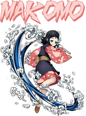 Hình ảnh Makomo, nhân vật anime Kimetsu no Yaiba, với hiệu ứng nước và kiếm.