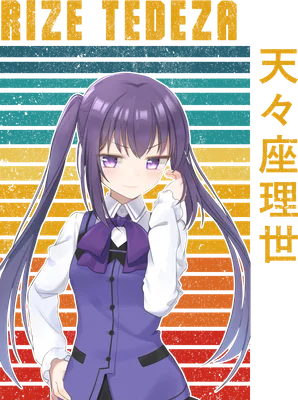Hình ảnh cô gái anime tóc tím hai bím, mặc đồng phục, có chữ "RIZE TEDEZA" và chữ Hán.