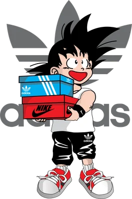 Hình vẽ nhân vật Goku nhí trong Dragon Ball cầm hai hộp giày, một hộp Adidas và một hộp Nike.
