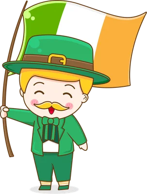 Hình vẽ chibi một chàng trai mặc đồ xanh lá, đội mũ, cầm cờ Ireland.