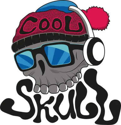 Hình ảnh đầu lâu đội mũ len màu đỏ, đeo kính râm xanh, tai nghe trắng và chữ 'COOL SKULL'