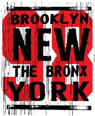 Hình in chữ BROOKLYN NEW THE BRONX YORK màu đen trên nền đỏ và trắng, hiệu ứng grunge phong cách đô thị.