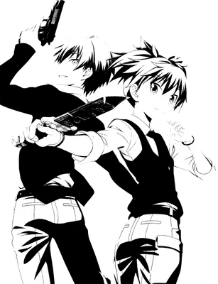Hình vẽ hai nhân vật anime nam cầm súng và dao, phong cách đen trắng, thể hiện sự ngầu.