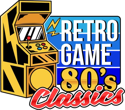 Hình minh họa máy game thùng arcade màu vàng đen và chữ 'RETRO GAME 80's Classics' màu xanh, vàng, đỏ, trắng.