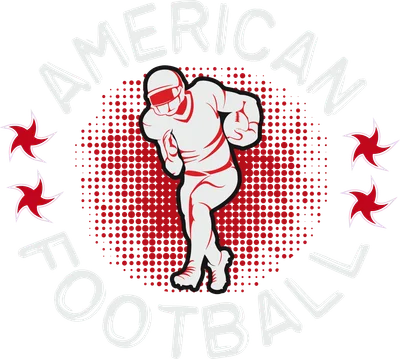 Hình minh họa cầu thủ bóng bầu dục Mỹ đang chạy với quả bóng, có chữ American Football và nền chấm bi đỏ.