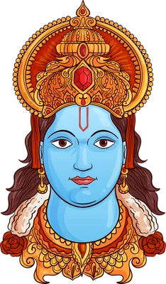 Hình ảnh chân dung thần Krishna với làn da xanh, đội vương miện vàng lộng lẫy và trang sức cầu kỳ.