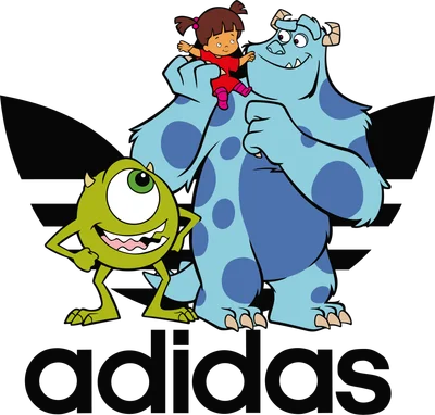 Hình ảnh nhân vật Mike Wazowski, James P. Sullivan (Sulley) và bé Boo từ phim Monsters, Inc. đứng trước logo Adidas.