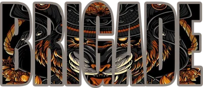 Chữ BRIGADE với hình ảnh hổ đội mũ samurai và hoa văn Nhật Bản bên trong