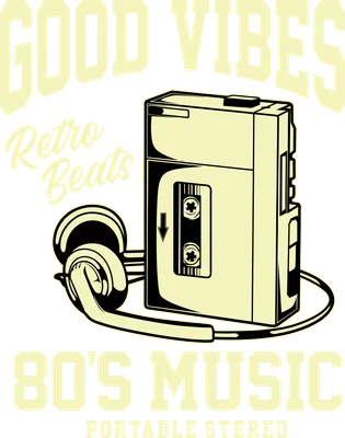 Hình minh họa máy nghe nhạc cassette cầm tay và tai nghe, với dòng chữ 'GOOD VIBES', 'Retro Beats', '80'S MUSIC', 'PORTABLE STEREO' trên nền xám.