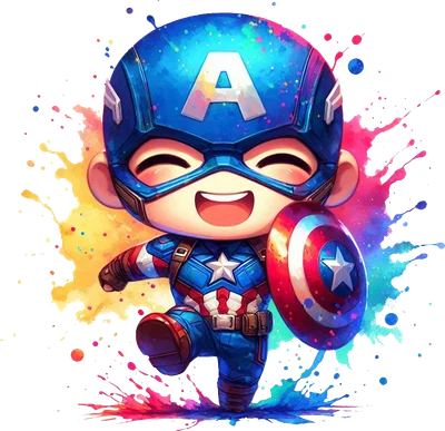 Hình ảnh Captain America phiên bản chibi vui vẻ, mặc trang phục siêu anh hùng, cầm khiên, với hiệu ứng màu nước bắn tung tóe đầy màu sắc.