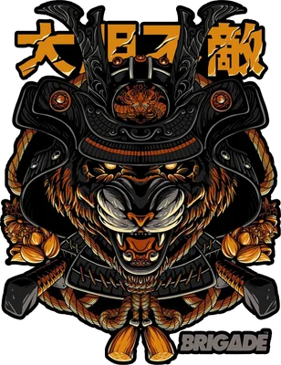 Hình ảnh mèo đội mũ samurai, mặt hổ báo dữ tợn, phong cách Nhật Bản, có hoa văn và chữ.