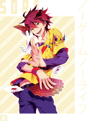 Nhân vật anime Sora từ No Game No Life với mái tóc đỏ, mặc áo vàng tím, tay cầm bộ bài và đang cười.