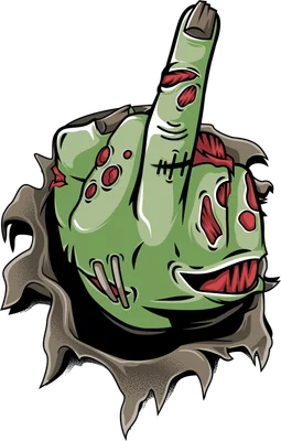 Hình ảnh minh họa zombie ngón tay giữa màu xanh lá cây, bị rách toạc với các vết thương hở và chỉ khâu, trên nền xám.