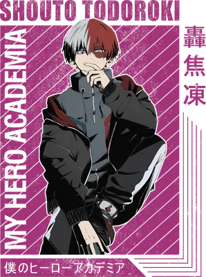 Hình vẽ anime Shoto Todoroki với mái tóc hai màu, mặc áo khoác, ngồi tạo dáng.