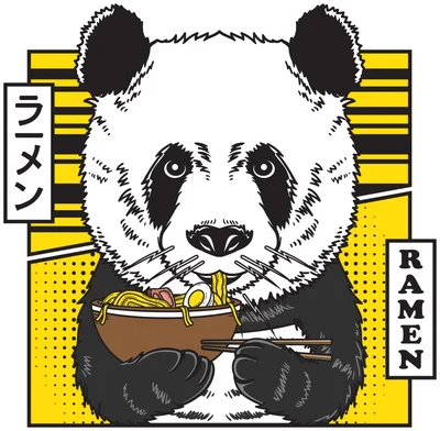 Hình minh họa gấu trúc trắng đen dễ thương đang dùng đũa ăn mì ramen trong tô, nền vàng phong cách truyện tranh với chữ 'RAMEN'.