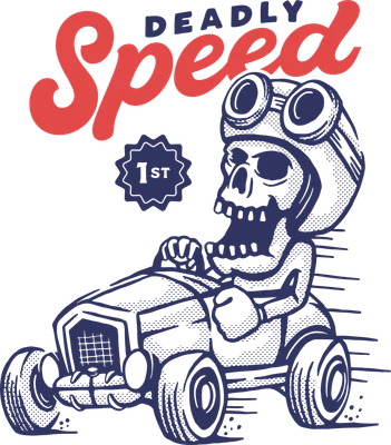 Hình ảnh bộ xương đội mũ phi công, đeo kính, lái xe đua cổ điển, với chữ 'DEADLY Speed' và '1ST' trên nền xám.