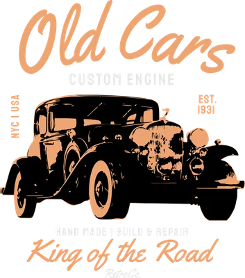 Hình in xe ô tô cổ điển màu đen trên nền xám, với chữ 'Old Cars' và 'King of the Road' phong cách retro.