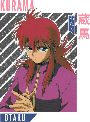 Hình ảnh nhân vật anime Kurama với mái tóc đỏ rực, đôi mắt xanh lá sắc sảo, mặc áo tím.