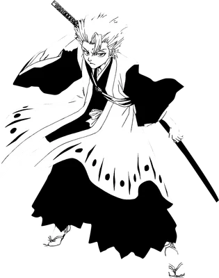 Hình vẽ nhân vật anime nam tóc trắng, mặc kimono đen trắng, cầm kiếm, tư thế chiến đấu.