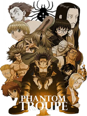 Tranh minh họa dàn nhân vật Phantom Troupe từ anime Hunter x Hunter, với các nhân vật xếp chồng lên nhau.