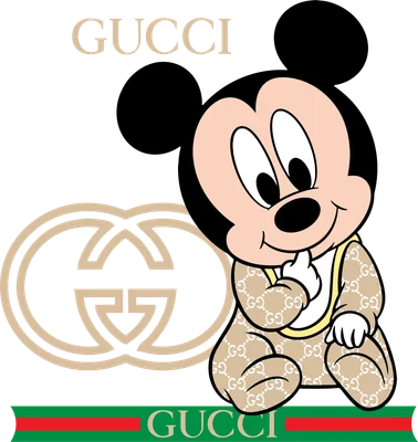 Hình ảnh Chuột Mickey phiên bản em bé mặc bộ đồ in họa tiết Gucci, bên cạnh là logo Gucci lớn.