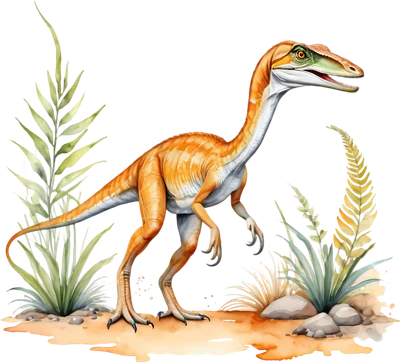 Hình minh họa khủng long Coelophysis màu cam và xanh lá, đứng giữa cây cỏ và đá, phong cách vẽ màu nước.