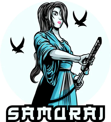 Hình ảnh minh họa nữ chiến binh Samurai mặc áo xanh, cầm kiếm, có hai con chim đen bay xung quanh.