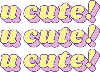 Hình in chữ 'u cute!' lặp lại ba lần với phông chữ retro màu vàng nhạt và bóng đổ màu tím nhạt trên nền xám.