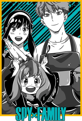 Hình ảnh gia đình điệp viên Anya, Loid và Yor trong phong cách anime, với Anya ở phía trước.