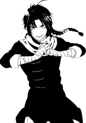 Hình vẽ anime đen trắng một chàng trai với mái tóc đen dài bện một bên, quấn băng tay và biểu cảm bí ẩn.