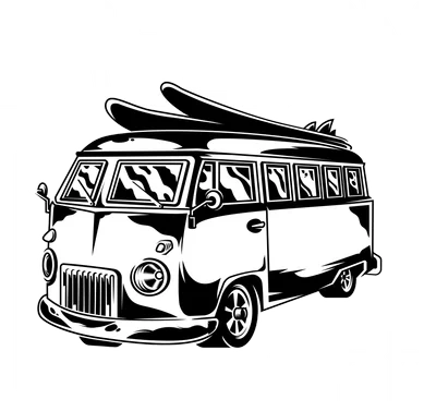 Hình vẽ xe bus cổ điển màu đen trắng chở ván lướt sóng, có chữ "FREEDOM LIFE"
