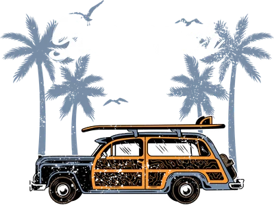 Hình minh họa xe cổ woody wagon chở ván lướt sóng với hàng dừa và chữ Summer Adventure