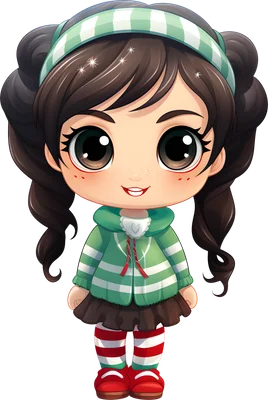 Hình ảnh cô bé hoạt hình phong cách chibi với đôi mắt to tròn, tóc tết hai bên, mặc áo hoodie sọc xanh lá và váy nâu, đi tất sọc đỏ trắng.