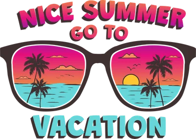 Kính râm phản chiếu cảnh hoàng hôn nhiệt đới với cây dừa và biển xanh, có chữ 'Nice Summer Go To Vacation'