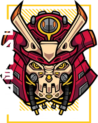 Hình minh họa đầu robot SAMBOT 001 màu đỏ và vàng, thiết kế như mũ samurai, phong cách hoạt hình, trên nền xám.