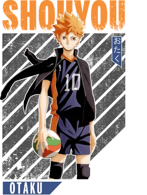 Nhân vật anime Hinata Shoyo từ Haikyuu cầm bóng chuyền, mặc áo số 10, phong cách graphic