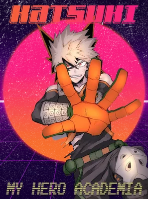 Hình vẽ nhân vật Katsuki Bakugo từ My Hero Academia với phong cách retro, nền tròn màu hồng và lưới điện tử màu tím.