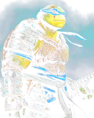 Hình ảnh Leonardo, Ninja Rùa, mặc giáp samurai, cầm kiếm, nhìn sang phải.
