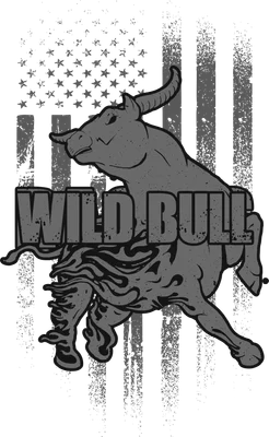 Hình ảnh minh họa bò tót hoang dã đang nhảy với chữ 'WILD BULL' phía trước, trên nền cờ Mỹ cách điệu.