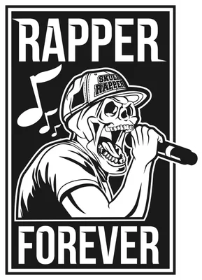 Hình ảnh rapper đầu lâu đội mũ, cầm mic hát, có nốt nhạc bay xung quanh, chữ 'Rapper Forever'