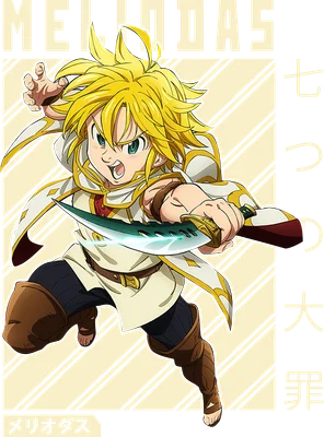 Hình ảnh Meliodas, nhân vật anime với mái tóc vàng, cầm kiếm, mặc trang phục trắng và nâu, trên nền xám có sọc.