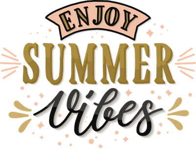 Chữ 'Enjoy Summer Vibes' với hiệu ứng 3D, màu vàng và đen, trên nền xám, có các chi tiết trang trí lấp lánh.