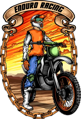 Hình ảnh tay đua Enduro Motor địa hình với mũ bảo hiểm, kính mắt, áo cam và xe máy trên nền hoàng hôn sa mạc.
